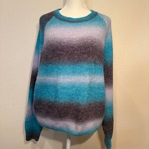 BB Dakota Steve Madden Ombre Striped Fuzzy Knit Sweater Teal Blue Grey XL